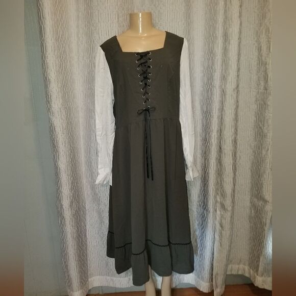 Colonial Contrast Color Dress Square Neck A-Line Dress green - Picture 13 of 15